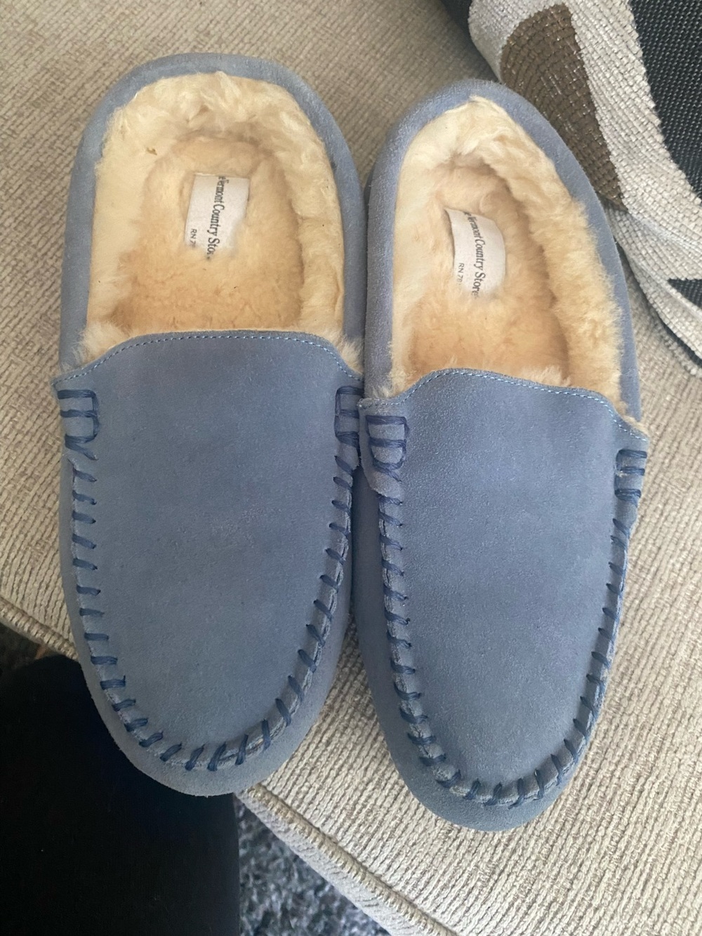 Light Blue Suede Fur-Lined Moccasin Slippers